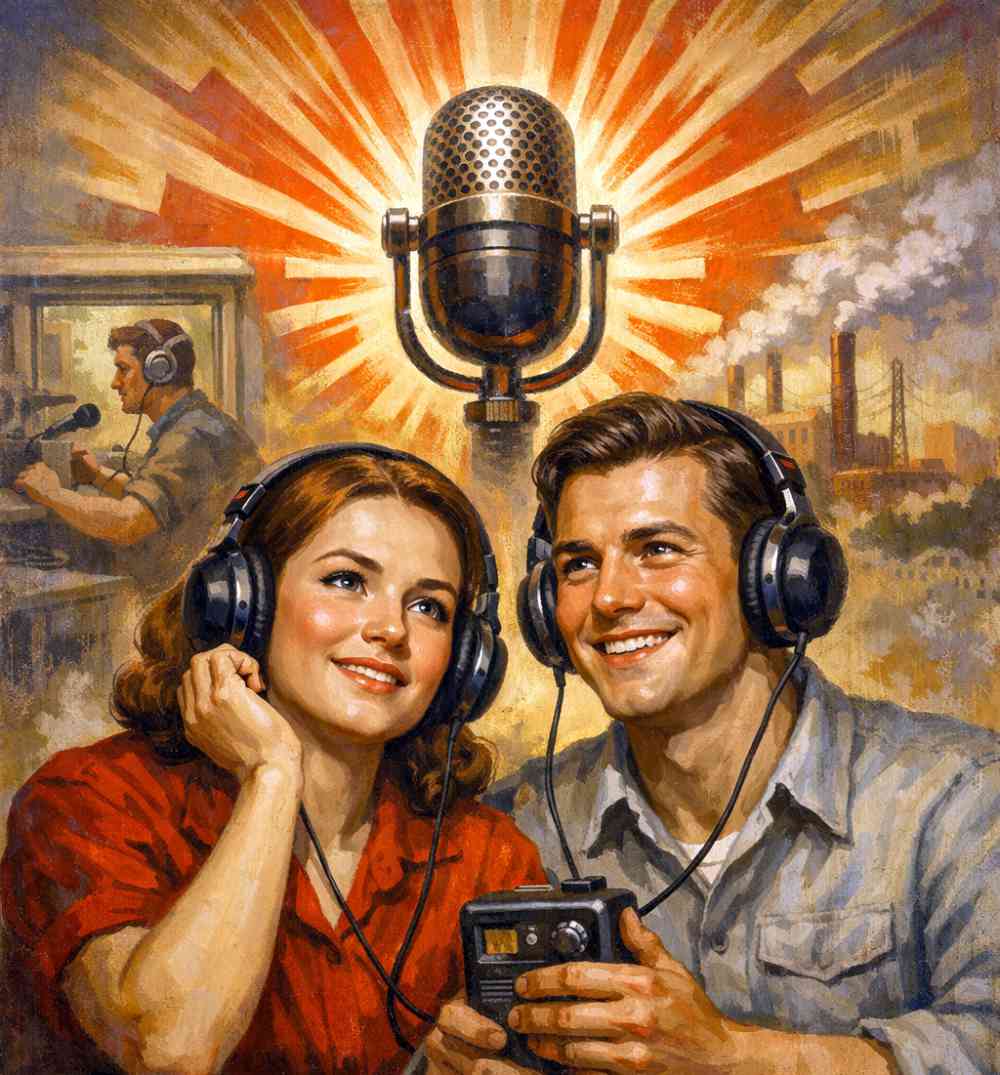 Podcasts, parodiert in der Form des sozialistischen Realismus interpretiert, von ChatGPT.