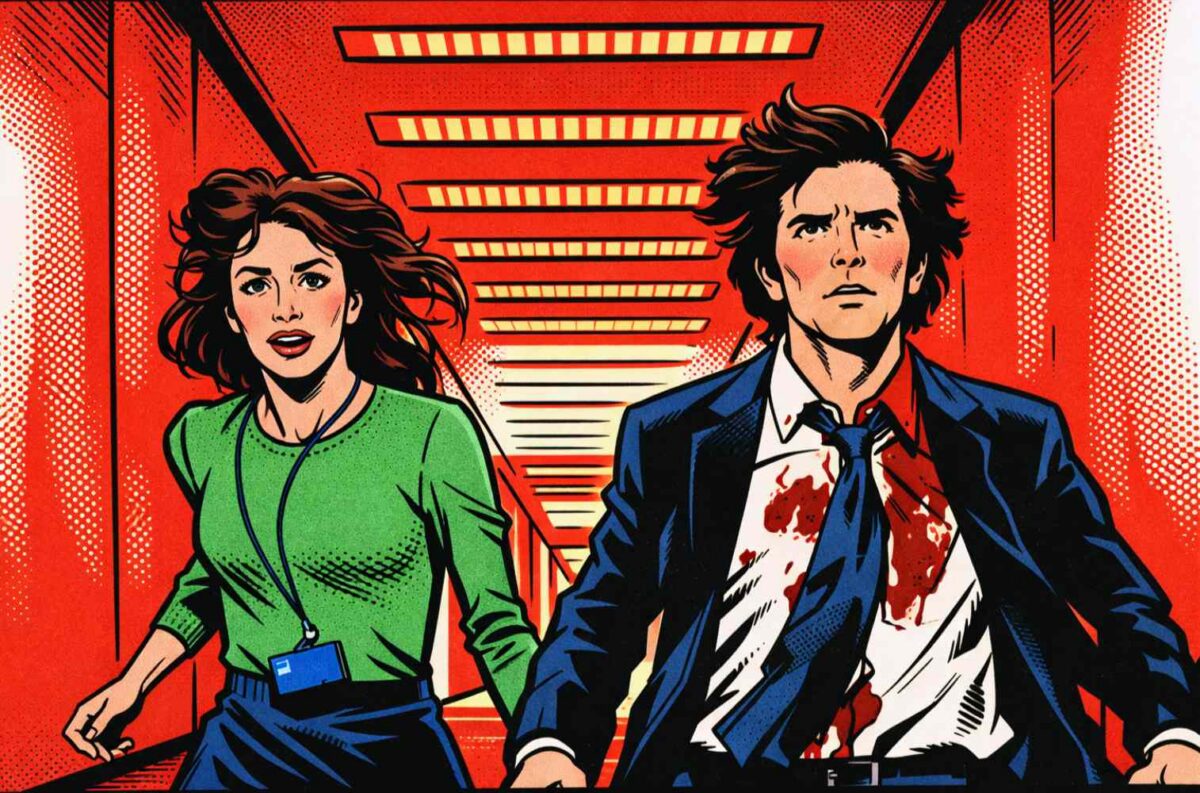 Comicdarstellung der Schlussszene aus Sevrance: ein Mann und eine Frau laufen einen langen Flur entlang auf die Kamera zu, sie halten sich an der Händen, sie tragen Bürokleidung, das Hemd des Mannes ist blutverschmiert