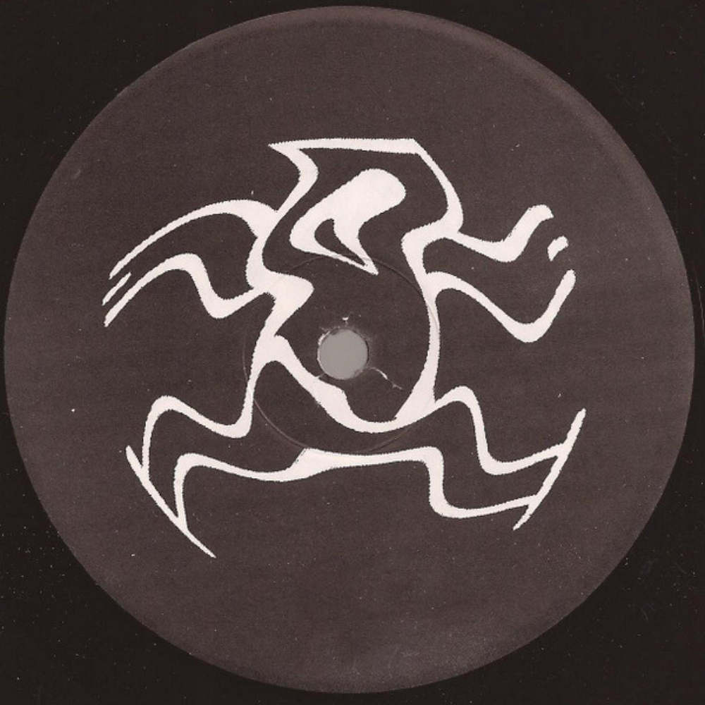 Label einer Schallplatte von Yoshitoshi Rec. zeigt eine weiße tanzende Strichmännchenfigur mit Scream-Gesicht.