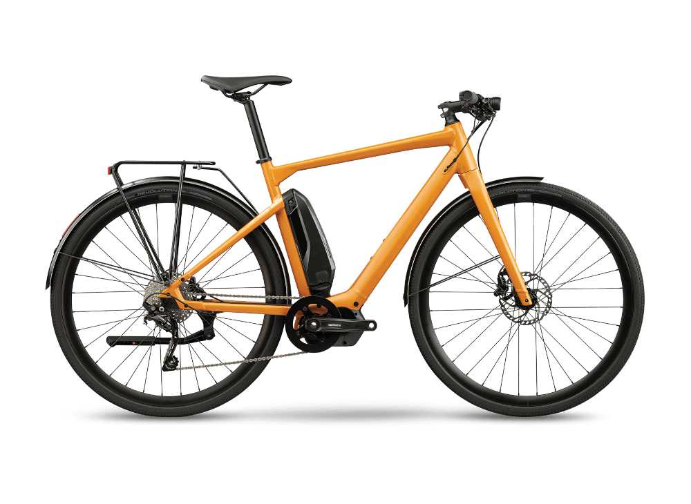 Ein orangefarbenes Elektrosportrad.