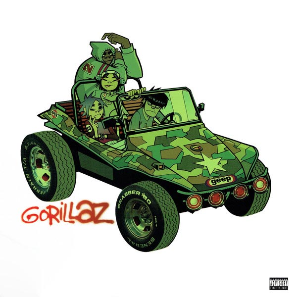 Das Albumcover des 1. Gorillaz-Albums zeigt eine in flecktarn lackierten Dunebuggy in dem die Mitglieder der Band sitzen, als Comiczeichnung